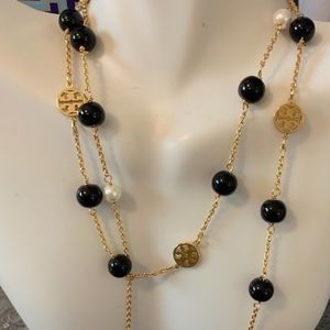 Tory Burch golden delicate 28”necklace & white/ black pearls & Mini Miller logo